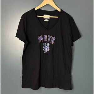 NEW Womens Black Fanatics Mets V-Neck T-Shirt Size XL Cotton Blend